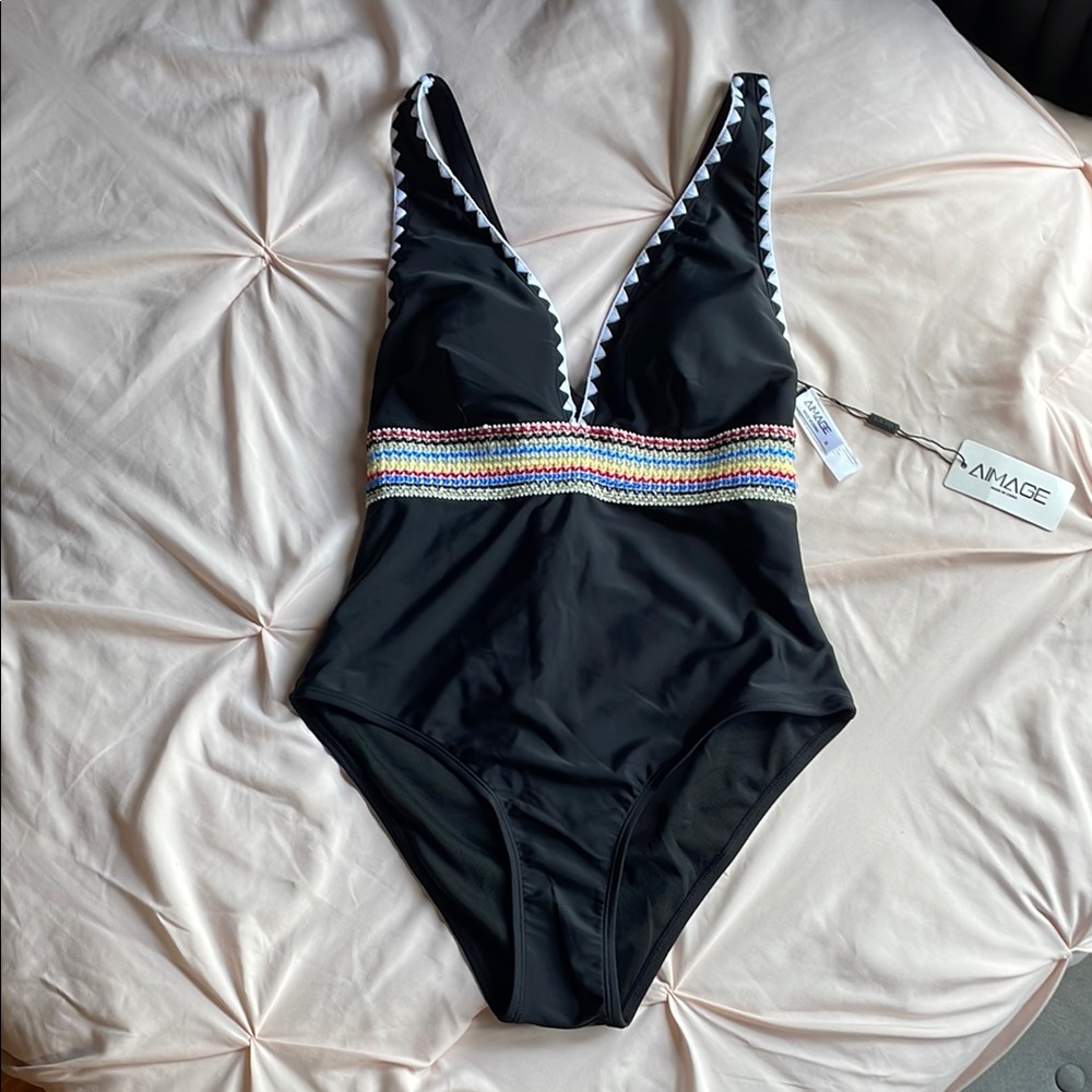 Black One Piece Swimsuit with Plunging V-Neckline